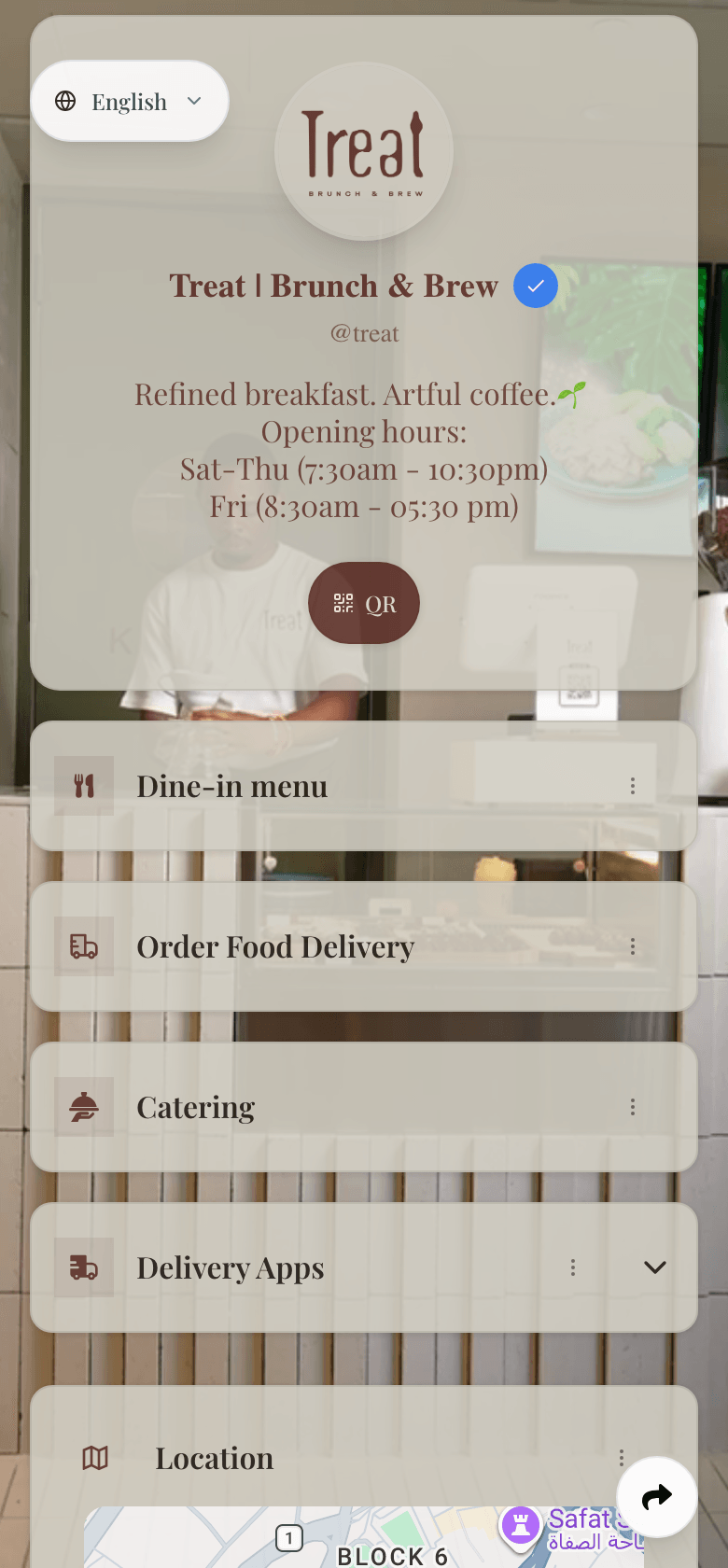 Example mobile bio page layout for a local brand.